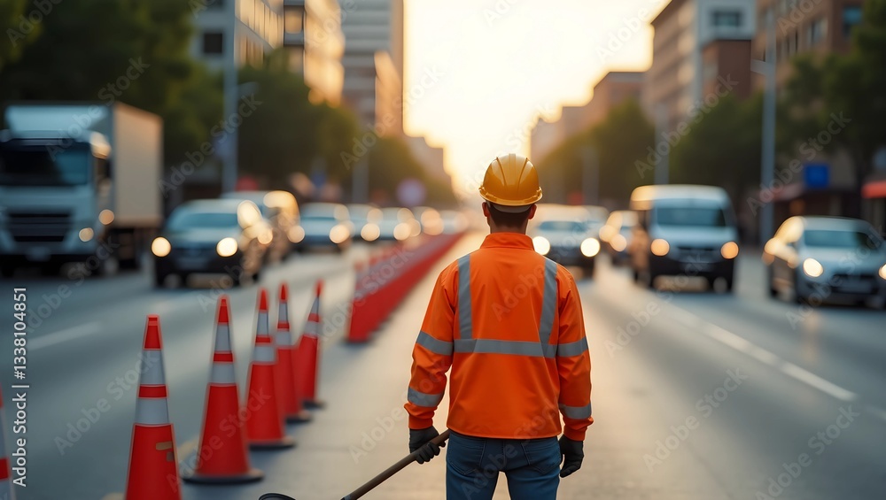 Naklejka premium Traffic Harmony: A Road Worker’s Vigilance Amidst Busy Streets