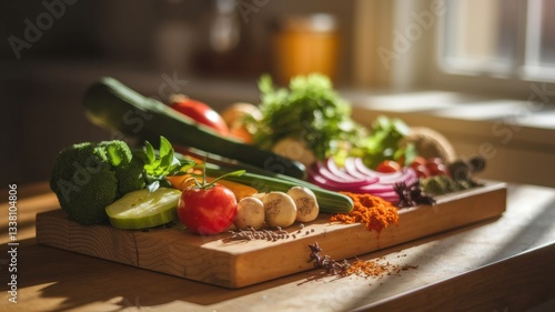 Fresh Vegetables and Herbs on a Wooden Cutting Board Generative Ai