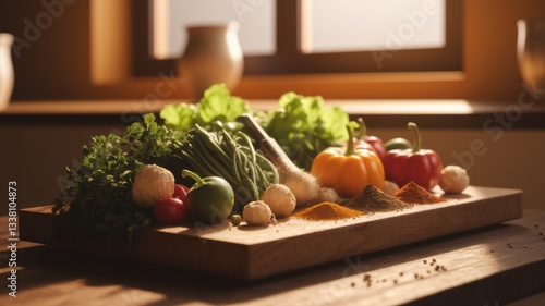 Fresh Vegetables and Herbs on a Wooden Cutting Board Generative Ai
