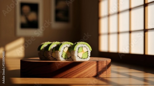 Plated Sushi Roll with Avocado and Sesame Seeds - Artful Japanese Cuisine - Generative Ai