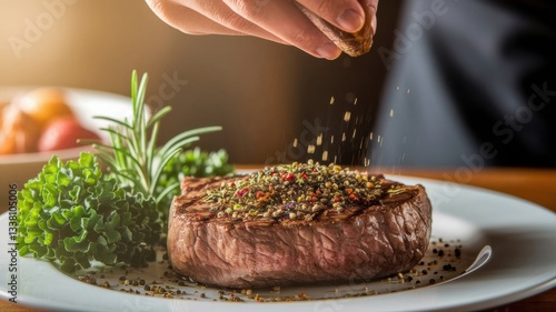 Chef Seasoning a Perfectly Seared Steak in a Warm Kitchen Generative AI