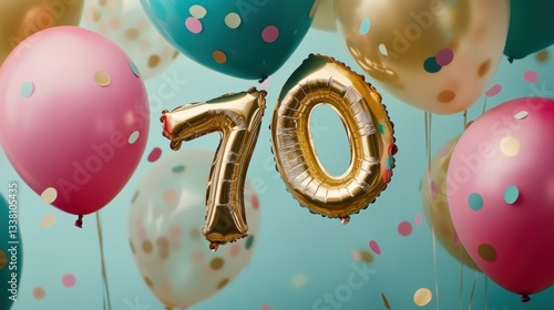 70th birthday celebration, gold balloons, festive decor, colorful party theme, milestone event, joyful atmosphere, family gathering, special occasion, vibrant background.