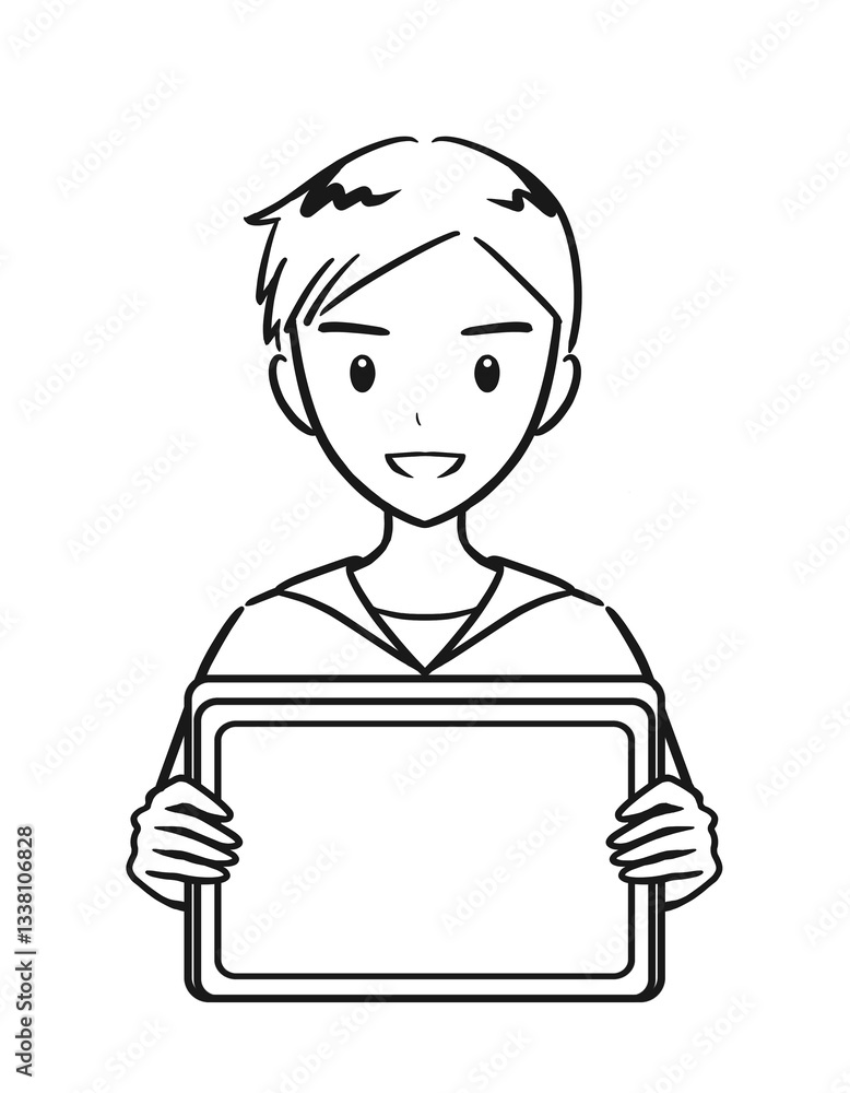 タブレットを手に持つ小学生の男の子（線画）