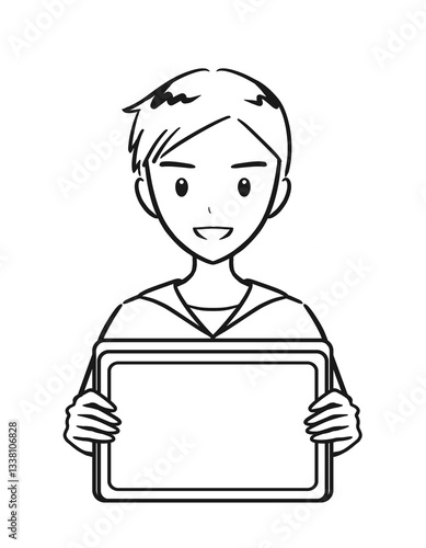 タブレットを手に持つ小学生の男の子（線画）