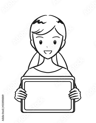 タブレットを手に持つ小学生の女の子（線画）