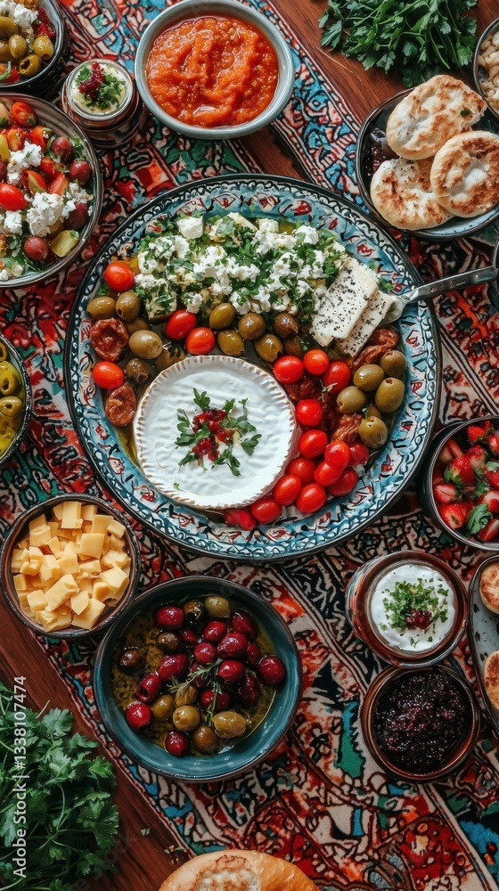 A vibrant spread of colorful dishes, including olives, tomatoes, and flatbreads, arranged beautifully on a patterned tablecloth. A vibrant spread of colorful dishes, including olives, tomatoes, and flatbreads, arranged beautifully on a patterned tablecloth.