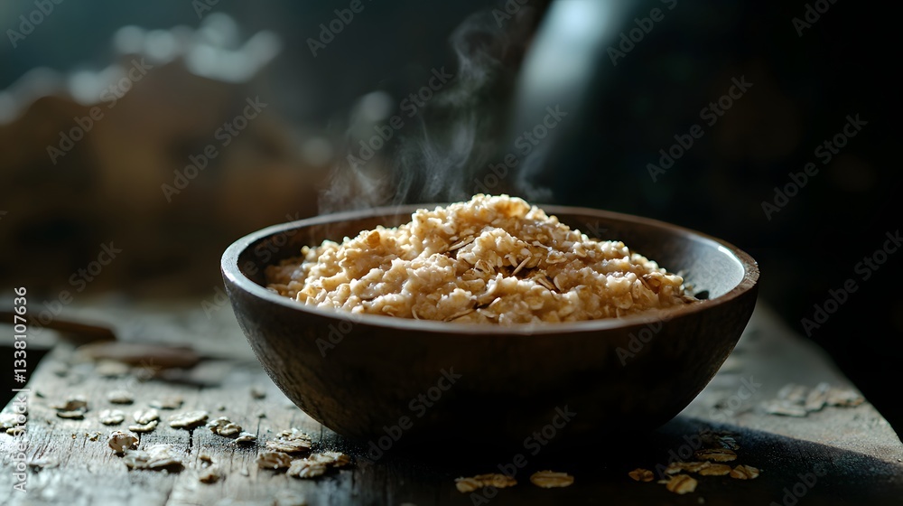Steaming Bowl Of Oatmeal Rustic Wooden Table Steaming Bowl Of Oatmeal Rustic Wooden Table