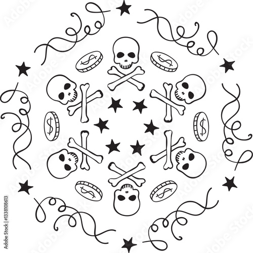Marine decorative ornament. Nautical mandala in doodle style.