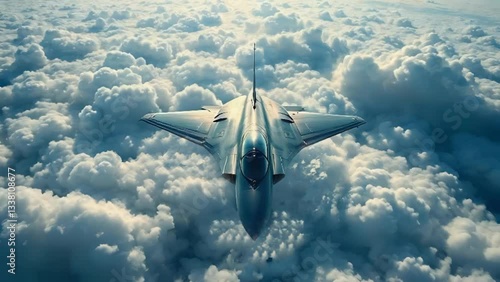 Fighter jet flying over the clouds 