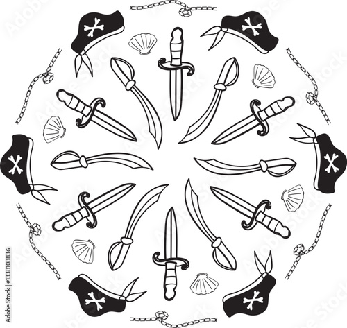  Sea-Themed Mandala in doodle style in vector