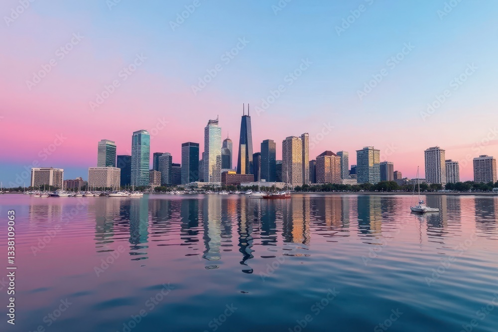 Fototapeta premium San Diego skyline reflected in calm bay waters, boats anchored , urban, reflection