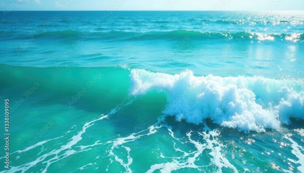 Obraz premium Shimmering turquoise ocean, frothy waves breaking gently, vibrant, background