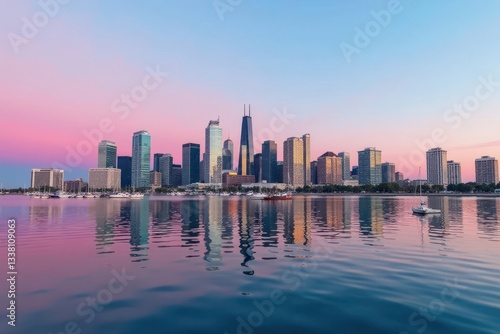 San Diego skyline reflected in calm bay waters, boats anchored , urban, reflection