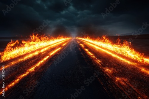 Dark asphalt road with flames bordering each side under a stormy sky. Great for illustrating burning desire or a dangerous, fiery path.