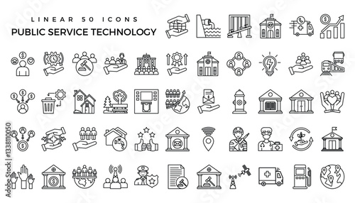 Vector set of thin linear 50 icons, related to public service technology for intelligent urbanism, smart city and urban development. Mono line pictograms and infographics design elements.by kus wandok