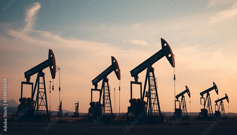 Pump jacks extract oil from the earth at sunset or sunrise Pump jacks extract oil from the earth at sunset or sunrise