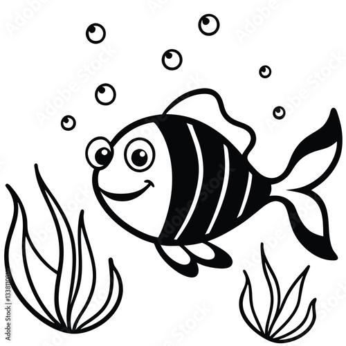 Joyful Cartoon Fish Floating in a Dreamy Blue Ocean