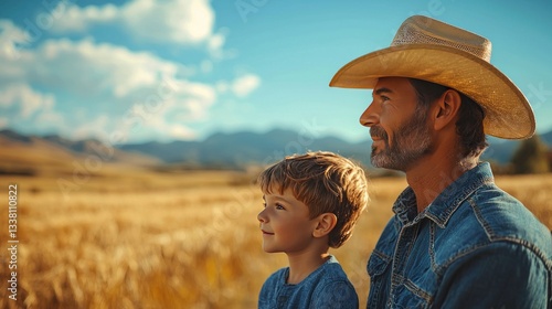 Father and son gazing at golden wheat field