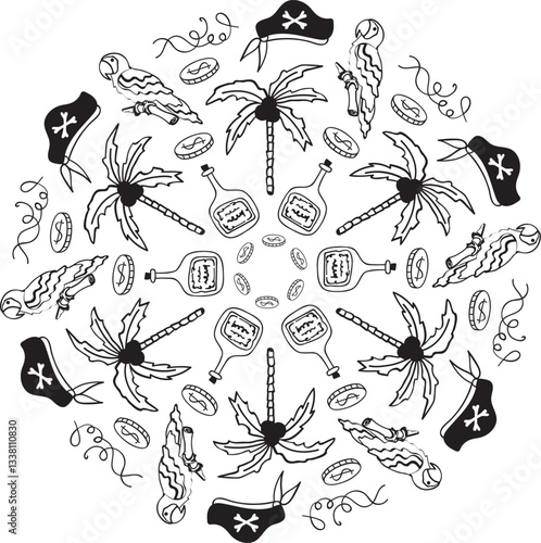 Marine decorative ornament. Nautical mandala in doodle style.