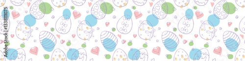 Vector abstract seamless pattern with colorful Easter eggs, hearts, points spots, stains. Spring hand drawn doodle, holiday tradition backgrounds and textures with decorative elements