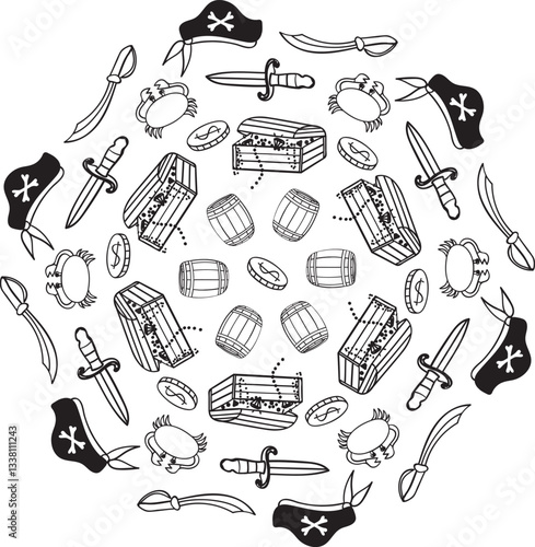 Seafaring motif, nautical mandala in doodle style.