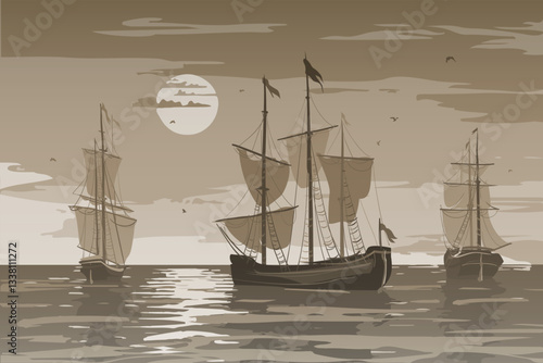 Vector illustration - seascape with sailing ships. brown tones	