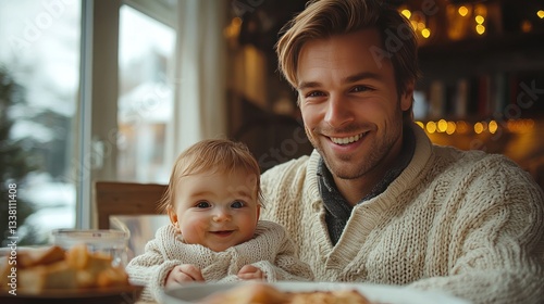 Happy father and baby enjoy meal at home, winter