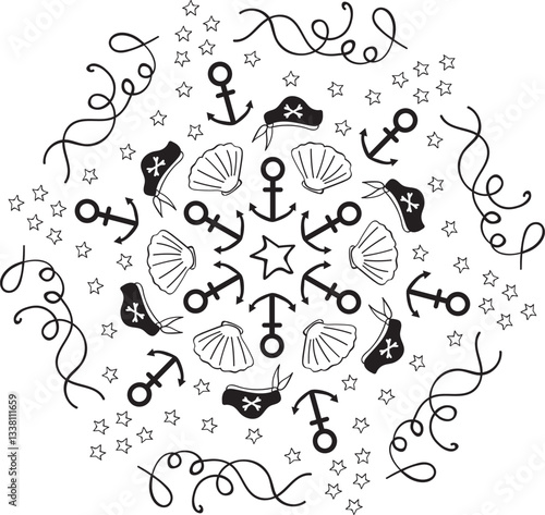 Maritime pattern , nautical ornament, aquatic doodle mandala