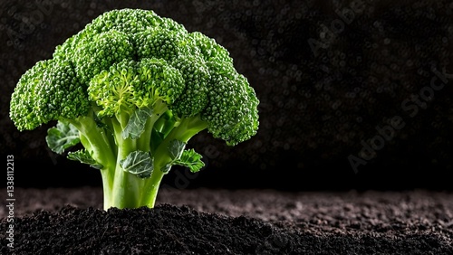 Wallpaper Mural A fresh, raw broccoli plant with a vibrant green head and stalks, displayed against a dark background with soil. Concept Fresh Broccoli, Vibrant Green Vegetables, Raw Food Photography Torontodigital.ca