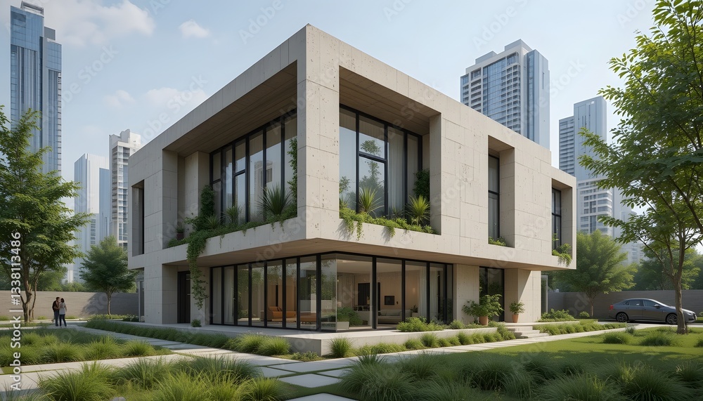 Fototapeta premium Modern architecture with greenery in an urban setting.