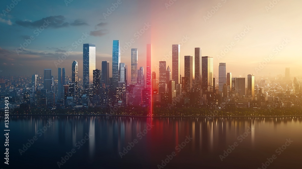 Fototapeta premium Sunrise cityscape skyline reflection.
