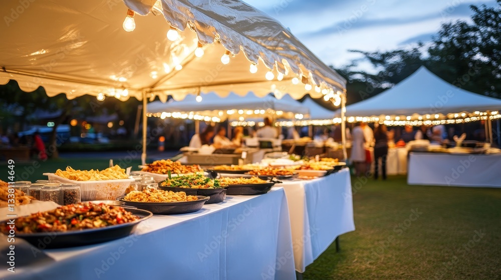 Obraz premium Outdoor buffet under a white tent at dusk