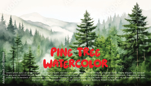 Watercolor green pine tree misty forest woods fog illustration art beautiful nature hills greenery scenic landscape