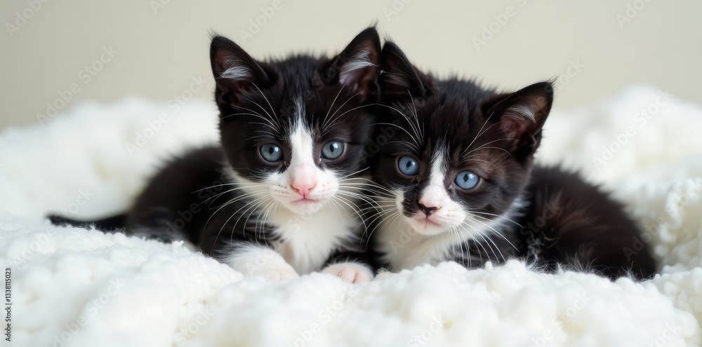 Two adorable black and white kittens cuddle on a white blanket Plenty of copy space , sweet, companionship Two adorable black and white kittens cuddle on a white blanket Plenty of copy space , sweet, companionship