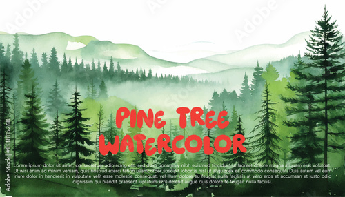 Watercolor green pine tree misty forest woods fog illustration art beautiful nature hills greenery scenic landscape