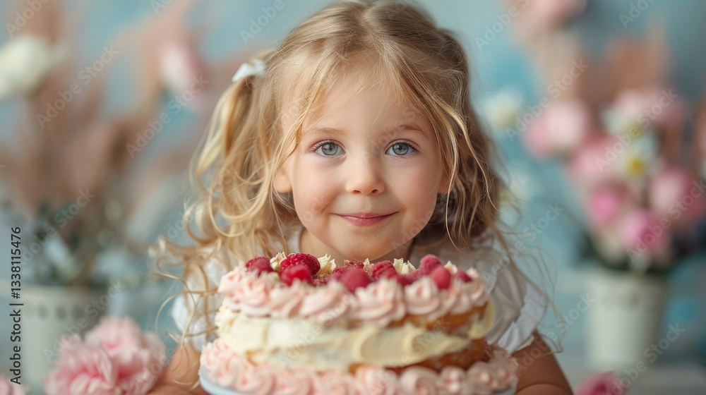 A young girl is holding a pink cake with raspberries on top A young girl is holding a pink cake with raspberries on top