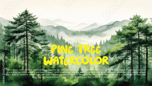 Watercolor green pine tree misty forest woods fog illustration art beautiful nature hills greenery scenic landscape