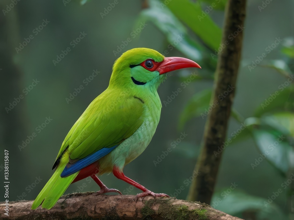 Fototapeta premium Javan Green Magpie (Cissa thalassina) – A striking green bird from Java, severely threatened by habitat loss.