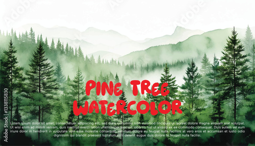 Watercolor green pine tree misty forest woods fog illustration art beautiful nature hills greenery scenic landscape