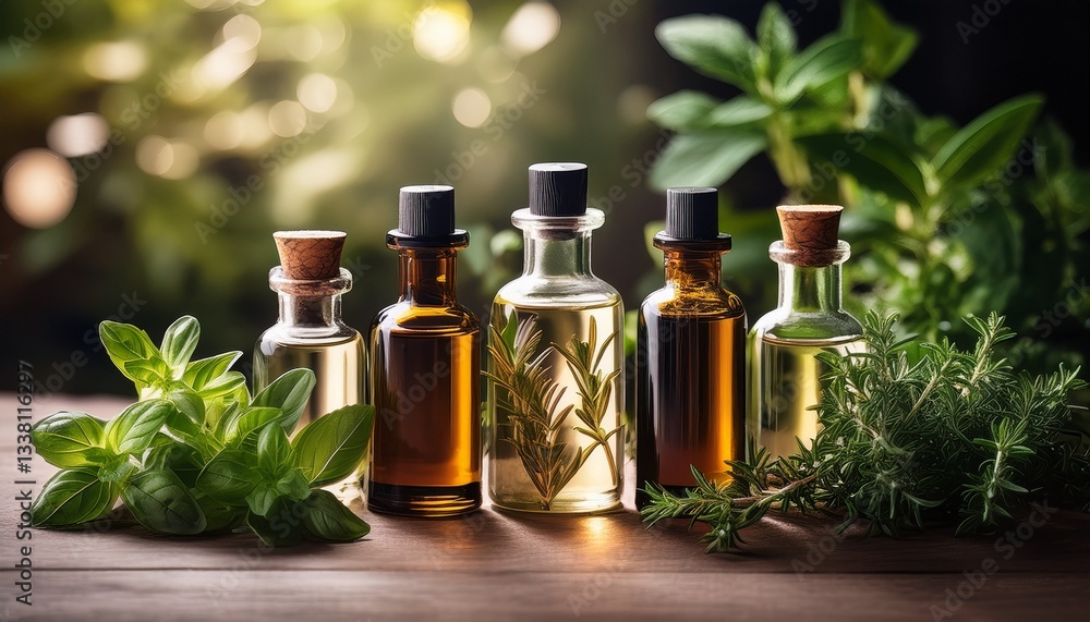 fresh herbs and essential oils in elegant bottles surrounded by greenery fresh herbs and essential oils in elegant bottles surrounded by greenery