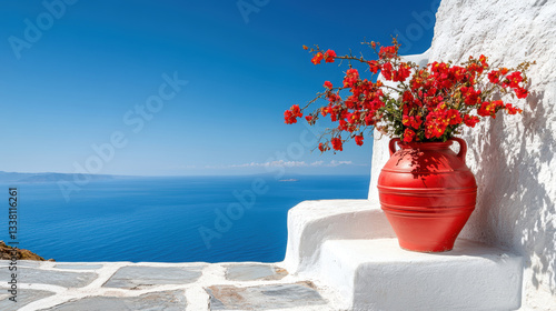 Fototapeta Naklejka Na Ścianę i Meble -  A red vase of flowers on the white steps of a Greek house. In the background a white and bluish bay.AI generative.