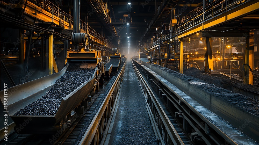 Coal Conveyor System Moving Material Inside Industrial Manufacturing Plant Coal Conveyor System Moving Material Inside Industrial Manufacturing Plant