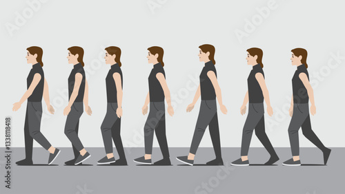 Animation of a woman in dark shirt and pants with  hands walking in side view showing the step cycle sequence