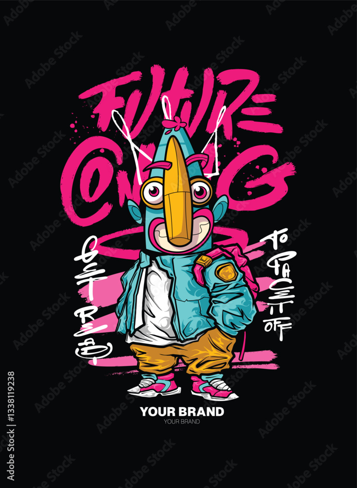 Fototapeta premium Future Coming A dynamic graffiti character illustration with layered shapes and a 3D depth effect, bringing an energetic and eye-catching urban look. Ideal for T-shirt graphics, street art-inspired br