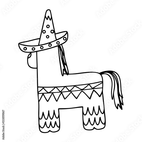 Outline doodle of a party piñata shaped like a cowboy hat.
