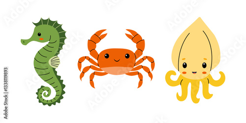 Cartoon marine animals set illustration of seahorse crab and squid on isolated white background photo