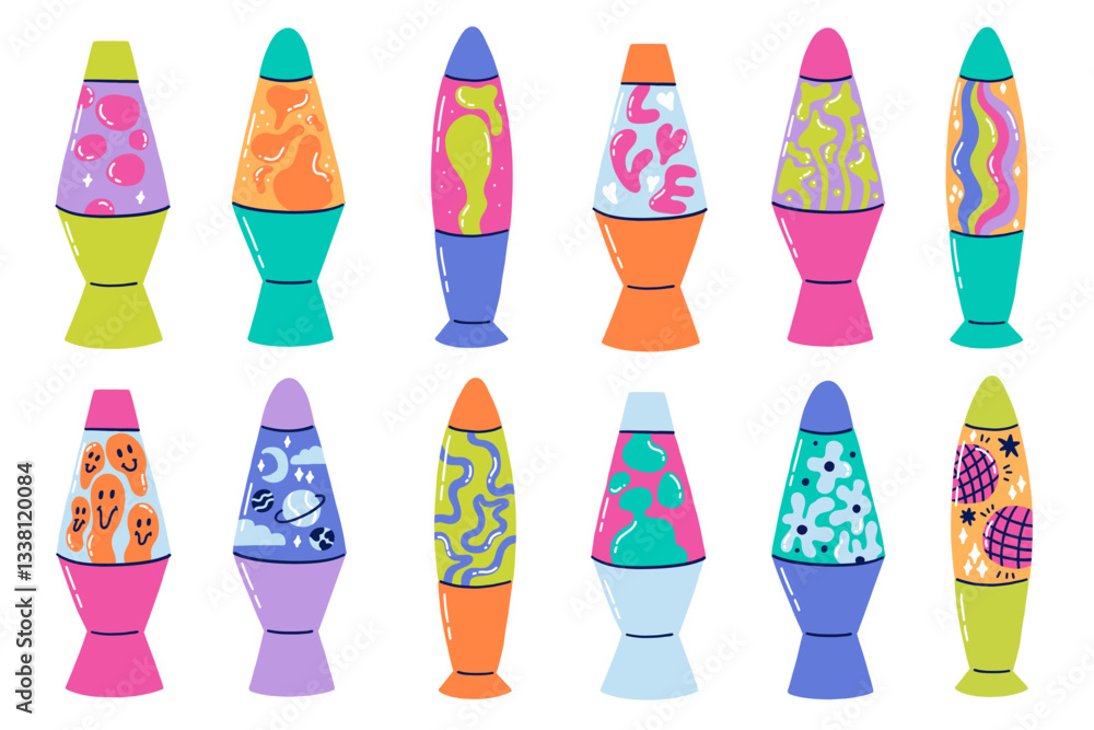 Lava Lamp Isolated with Magma Liquid Bubble Fluid Set. Groovy Y2K 90s Home Living Interior Decor. Vector Illustration Lava Lamp Isolated with Magma Liquid Bubble Fluid Set. Groovy Y2K 90s Home Living Interior Decor. Vector Illustration