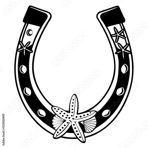 Western-style horseshoe with beach-inspired starfish and seashell patterns.