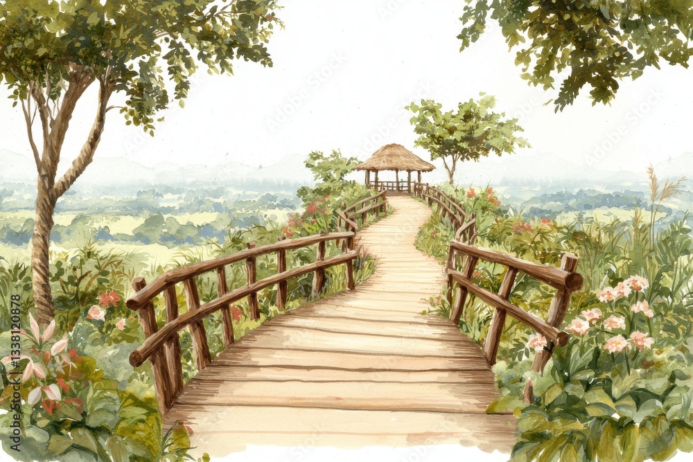 Fototapeta premium A beautiful painting depicting a serene wooden bridge adorned with colorful flowers