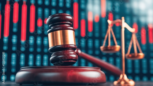 A gavel and scales of justice set against a digital backdrop, symbolizing law, justice, and finance in a modern context.